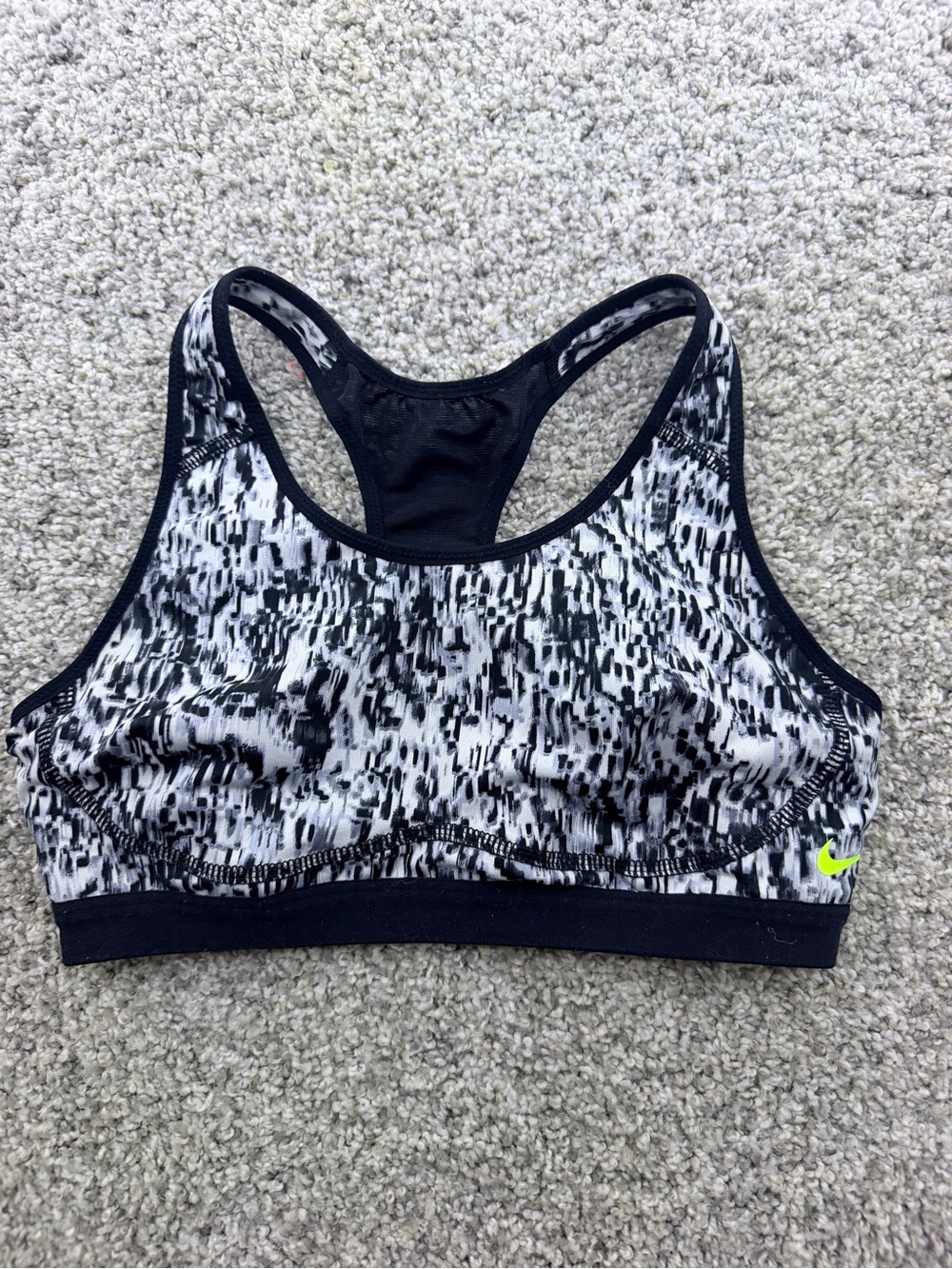 Nike Black & White Printed Racerback Sports Bra with Neon Accent